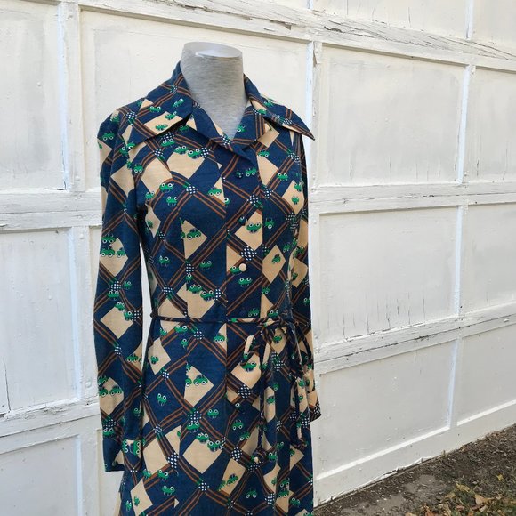 Holt Renfrew Acrylic Knit Dress Green Car Print Vintage 1300 Collection 1970s - Picture 2 of 9
